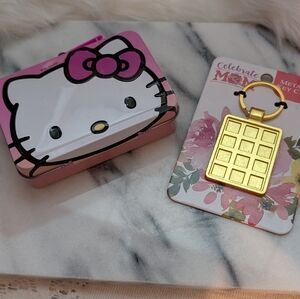Hello Kitty Pink and White Tin with Gold Keychain Set